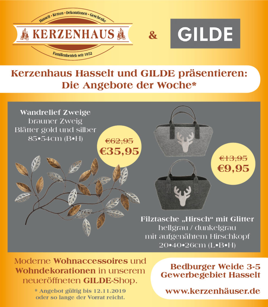 Wandrelief Zweig und Filztasche Hirsch mit Glitter - Angebot gültig von 06.11. bis 12.11.2019 oder so lange der Vorrat reicht.