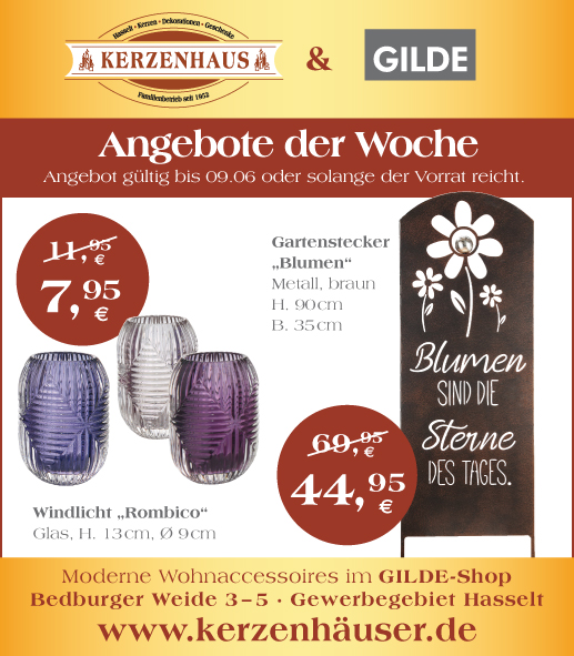Windlicht „Rombico“ und Gartenstecker „Blumen“ als Angebote der Woche im Kerzenhaus Hasselt.