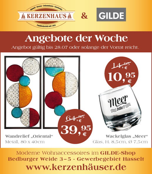Wandrelief "Oriental" und Wackelglas "Meer" als Angebot der Woche im Kerzenhaus Hasselt.