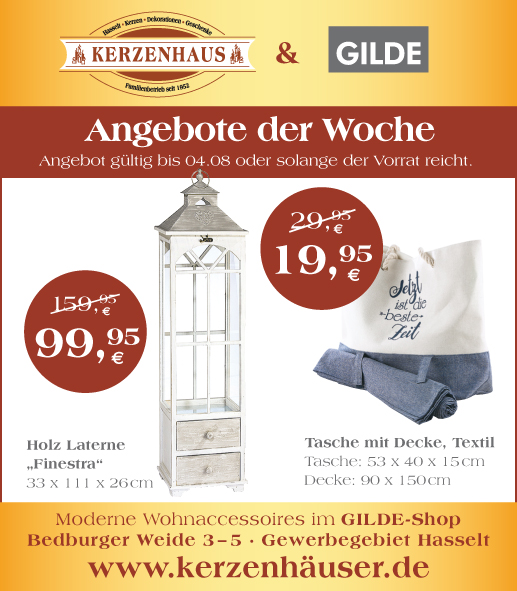 Angebot der Woche im Kerzenhaus Hasselt: Holz Laterne "Finestra" und Tasche mit Decke. Geschenkideen aus Bedburg-Hau.