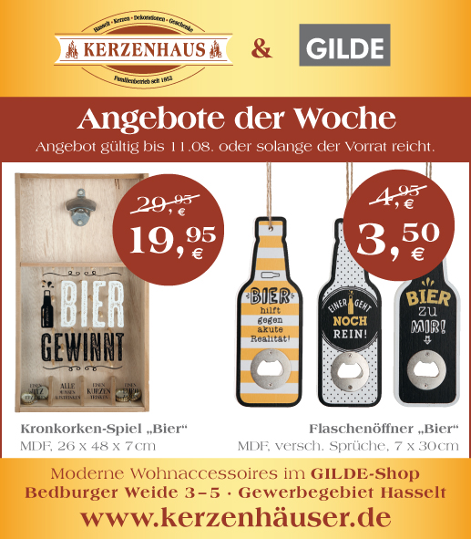 Bier-Angebote: Kronkorken-Spiel und Flaschenöffner im Kerzenhaus Hasselt in der Männerwelt.