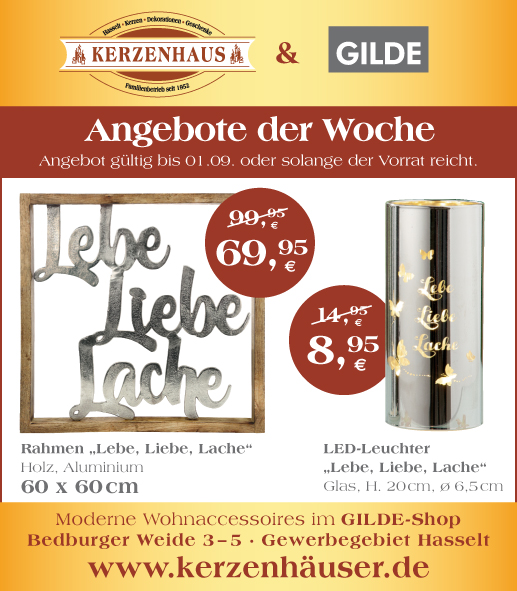 Rahmen und LED-Leuchter "Lebe, Liebe, Lache", Wochenangebot im Kerzenhaus Hasselt.