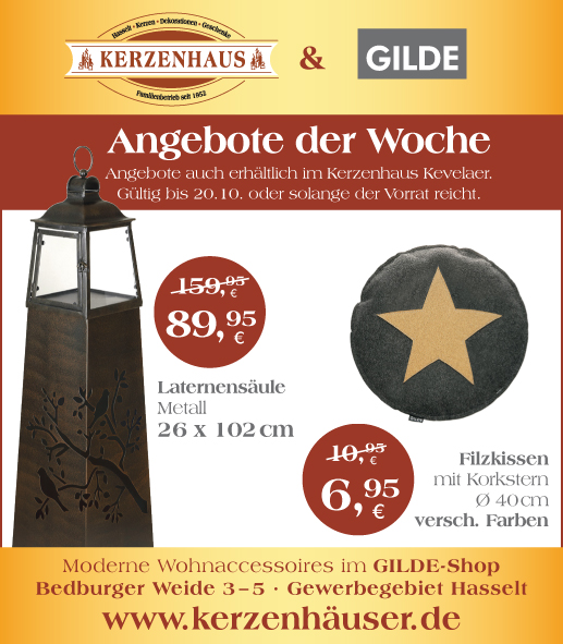 Laternensäule und Filzkissen als Angebote der Woche bis zum 20. Oktober 2020 im Kerzenhaus Hasselt in Bedburg-Hau.