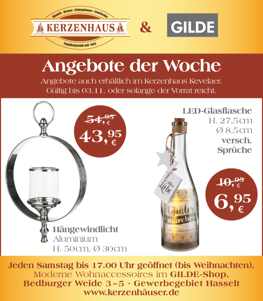 Hängewindlicht und LED-Glasflasche als Angebote der Woche bis zum 3. November 2020 im Kerzenhaus Hasselt in Bedburg-Hau.