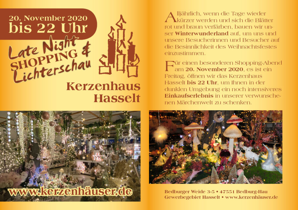 Am 20. November 2020 kann man im Kerzenhaus Hasselt bis 22 Uhr einkaufen und die große Weihnachtsausstellung besuchen.