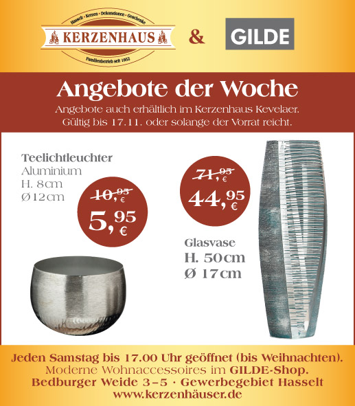 Teelichtleuchter und Glasvase als Angebote der Woche bis zum 17. November 2020 im Kerzenhaus Hasselt in Bedburg-Hau.