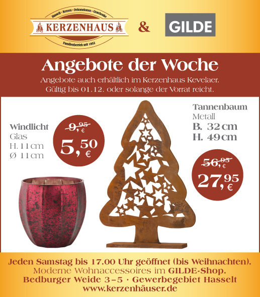 Windlicht und Tannenbaum als Angebote der Woche bis zum 1. Dezember 2020 im Kerzenhaus Hasselt in Bedburg-Hau.