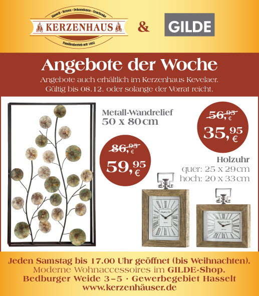 Metall-Wandrelief und Holzuhr als Angebote der Woche bis zum 8. Dezember 2020 im Kerzenhaus Hasselt in Bedburg-Hau.