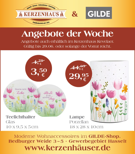 Teelichthalter und Lampe als Angebote der Woche bis zum 29. Juni 2021 im Kerzenhaus Hasselt in Bedburg-Hau.