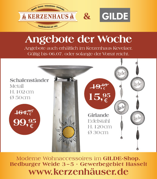Schalenständer und Girlande als Angebote der Woche bis zum 6. Juli 2021 im Kerzenhaus Hasselt in Bedburg-Hau.