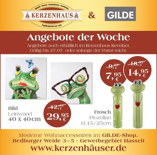 Frösche: Bild auf Leinwand und Porzellanfiguren als Angebote der Woche bis zum 27. Juli 2021 im Kerzenhaus Hasselt.