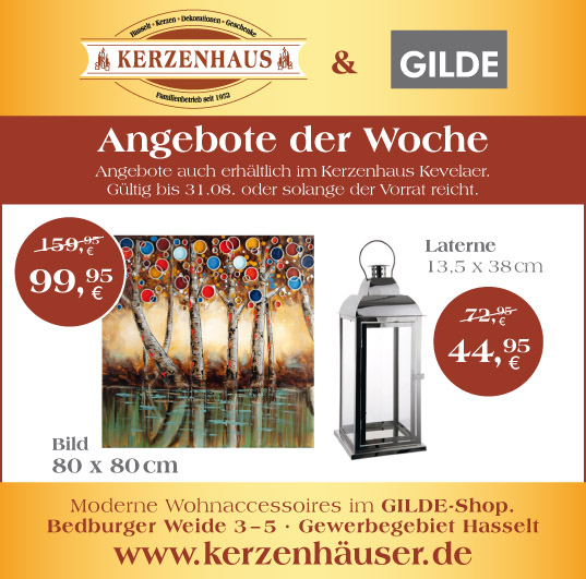 Bild und Laterne als Angebote der Woche bis zum 31. August 2021 im Kerzenhaus Hasselt.