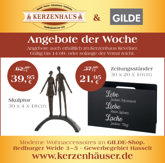 Skulptur und Zeitungsständer als Angebote der Woche bis zum 14. September 2021 im Kerzenhaus Hasselt.