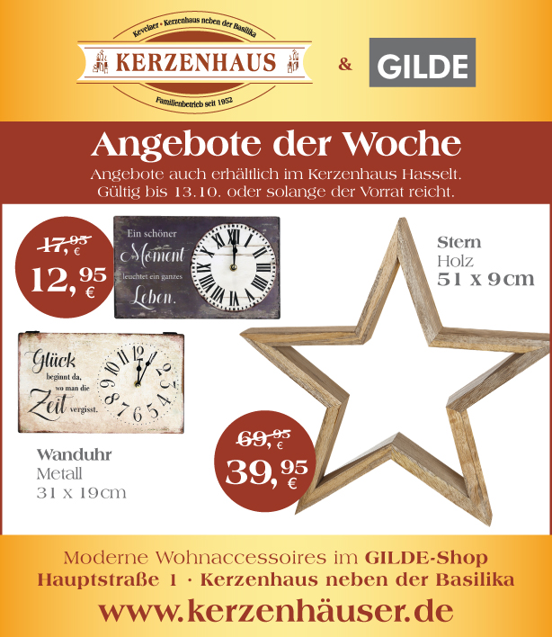 Wanduhr und Weihnachtsstern als Angebote der Woche bis zum 13. Oktober 2020 im Kerzenhaus neben der Basilika im Marien-Wallfahrtsort Kevelaer am Niederrhein.