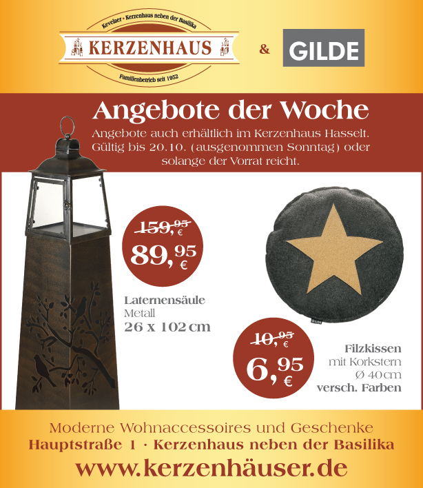 Laternensäule und Filzkissen als Angebote der Woche bis zum 20. Oktober 2020 im Kerzenhaus neben der Basilika im Marien-Wallfahrtsort Kevelaer am Niederrhein.