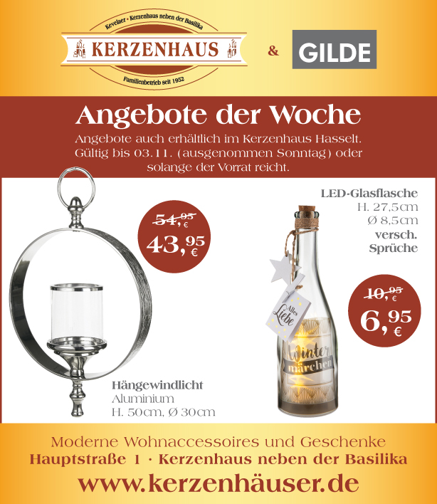 Hängewindlicht und LED-Glasflasche als Angebote der Woche bis zum 3. November 2020 im Kerzenhaus neben der Basilika in Kevelaer.