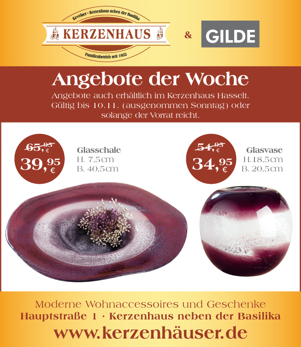 Glasschale und Glasvase als Angebote der Woche bis zum 10. November 2020 im Kerzenhaus neben der Basilika in Kevelaer.