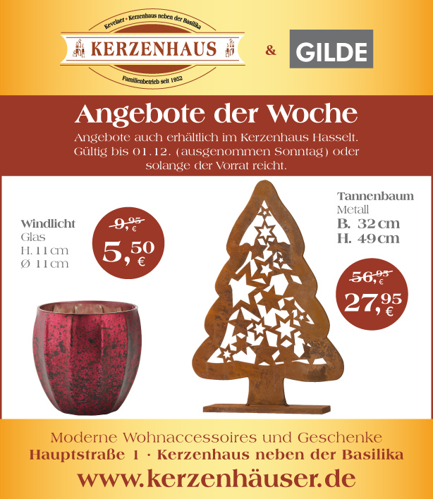 Windlicht und Tannenbaum aus Metall als Angebote der Woche bis zum 1. Dezember 2020 im Kerzenhaus neben der Basilika in Kevelaer.