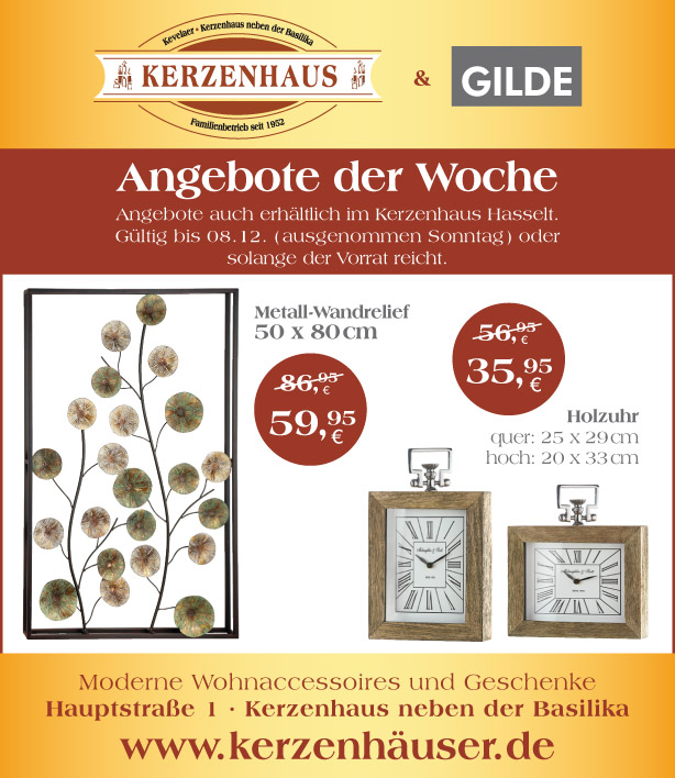 Metall-Wandrelief und Holzuhr als Angebote der Woche bis zum 8. Dezember 2020 im Kerzenhaus neben der Basilika in Kevelaer.