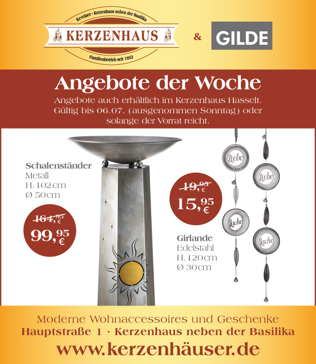 Schalenständer und Girlande als Angebote der Woche bis zum 6. Juli 2021 im Kerzenhaus neben der Basilika in Kevelaer.