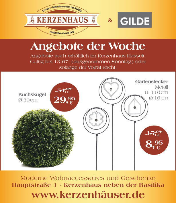 Buchskugel und Gartenstecker als Angebote der Woche bis zum 13. Juli 2021 im Kerzenhaus neben der Basilika in Kevelaer.