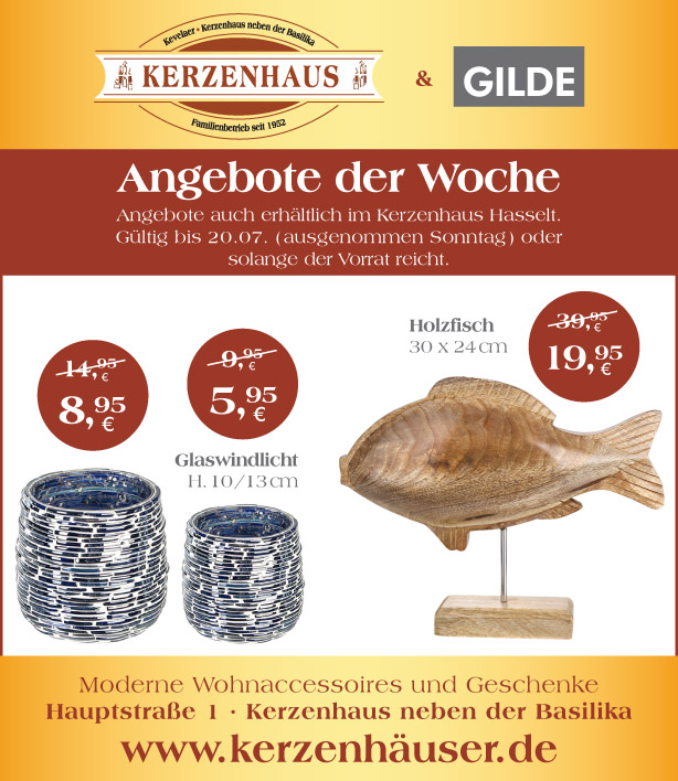 Glaswindlicht und Holzfisch als Angebote der Woche bis zum 20. Juli 2021 im Kerzenhaus neben der Basilika in Kevelaer.