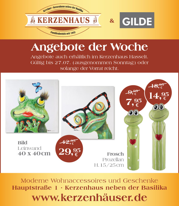 Frösche: Bild auf Leinwand und Porzellanfiguren als Angebote der Woche bis zum 27. Juli 2021 im Kerzenhaus neben der Basilika in Kevelaer.