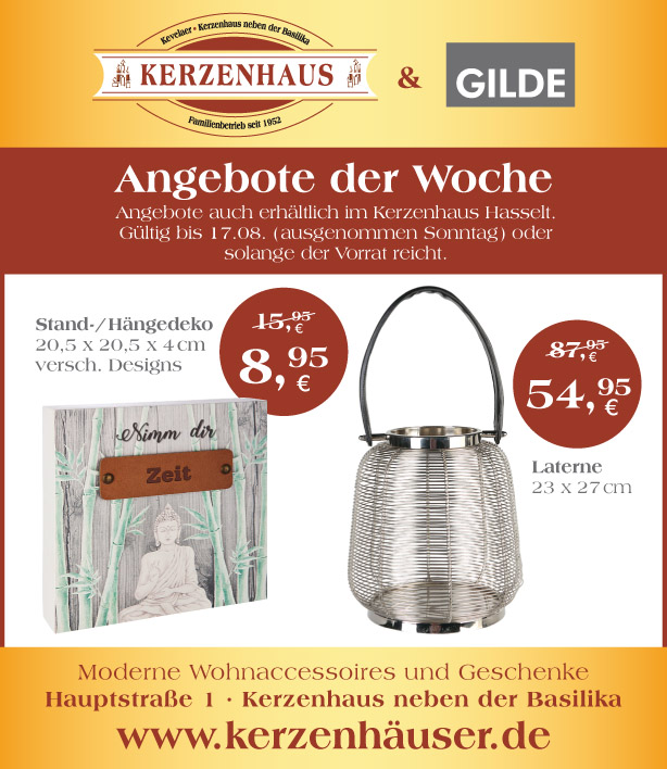 Stand- und Hängedeko und Laterne als Angebote der Woche bis zum 17. August 2021 im Kerzenhaus neben der Basilika in Kevelaer.