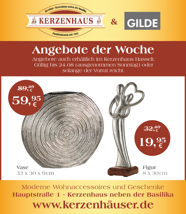 Vase und Figur als Angebote der Woche bis zum 24. August 2021 im Kerzenhaus neben der Basilika in Kevelaer.