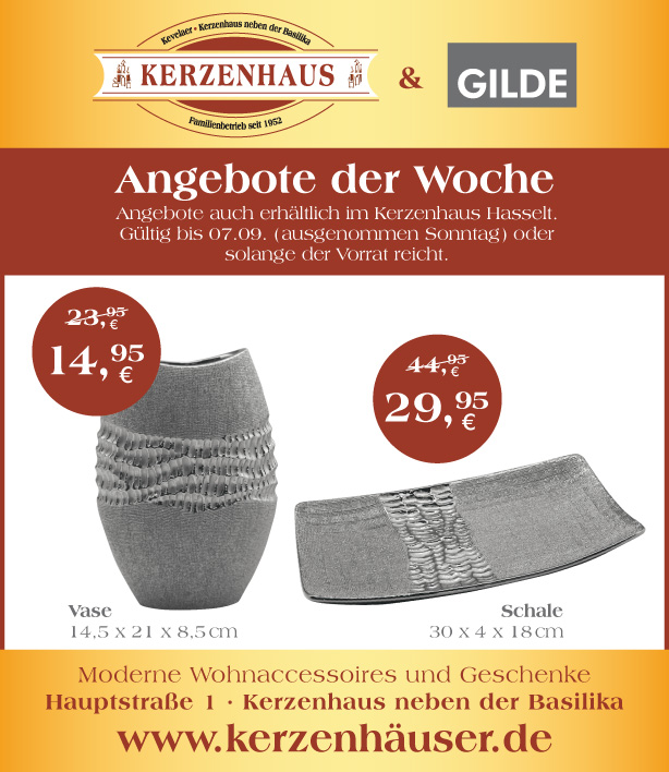 Vase und Schale als Angebote der Woche bis zum 7. September 2021 im Kerzenhaus neben der Basilika in Kevelaer.