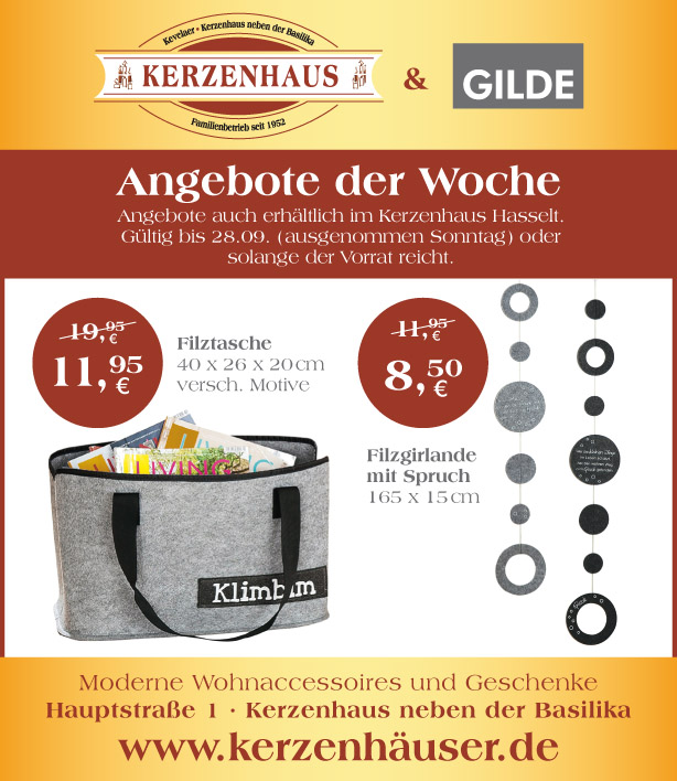 Filztasche und Filzgirlande als Angebote der Woche bis zum 28. September 2021 im Kerzenhaus neben der Basilika in Kevelaer.